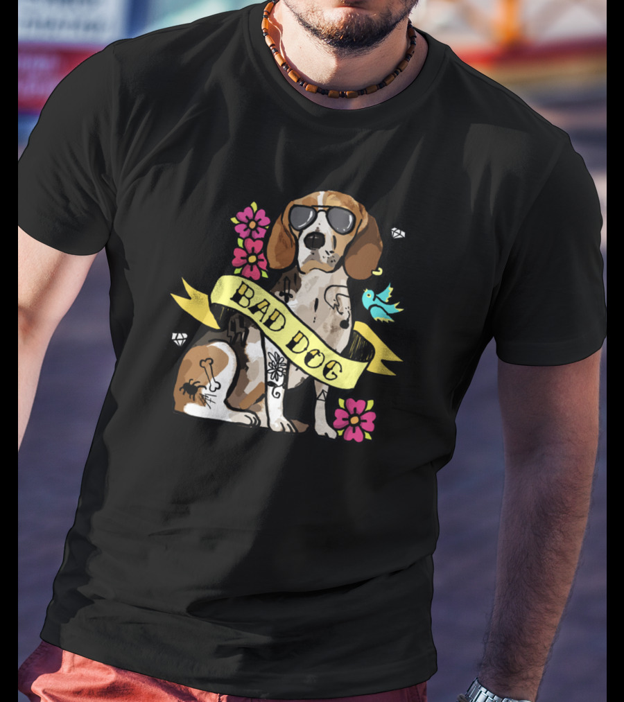 Bad Dog Beagle With Sunglasses And Tattoos Surrounded By Flowers And Bird T-Shirt