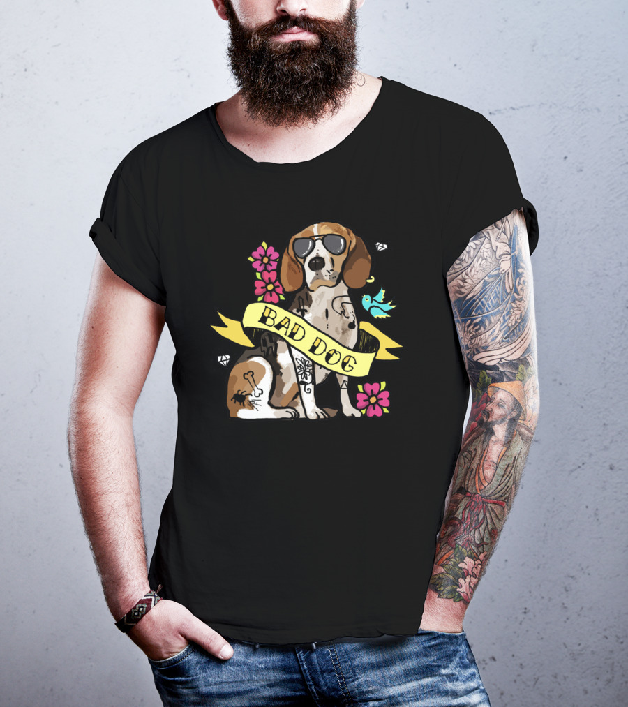 Bad Dog Beagle With Sunglasses And Tattoos Surrounded By Flowers And Bird T-Shirt