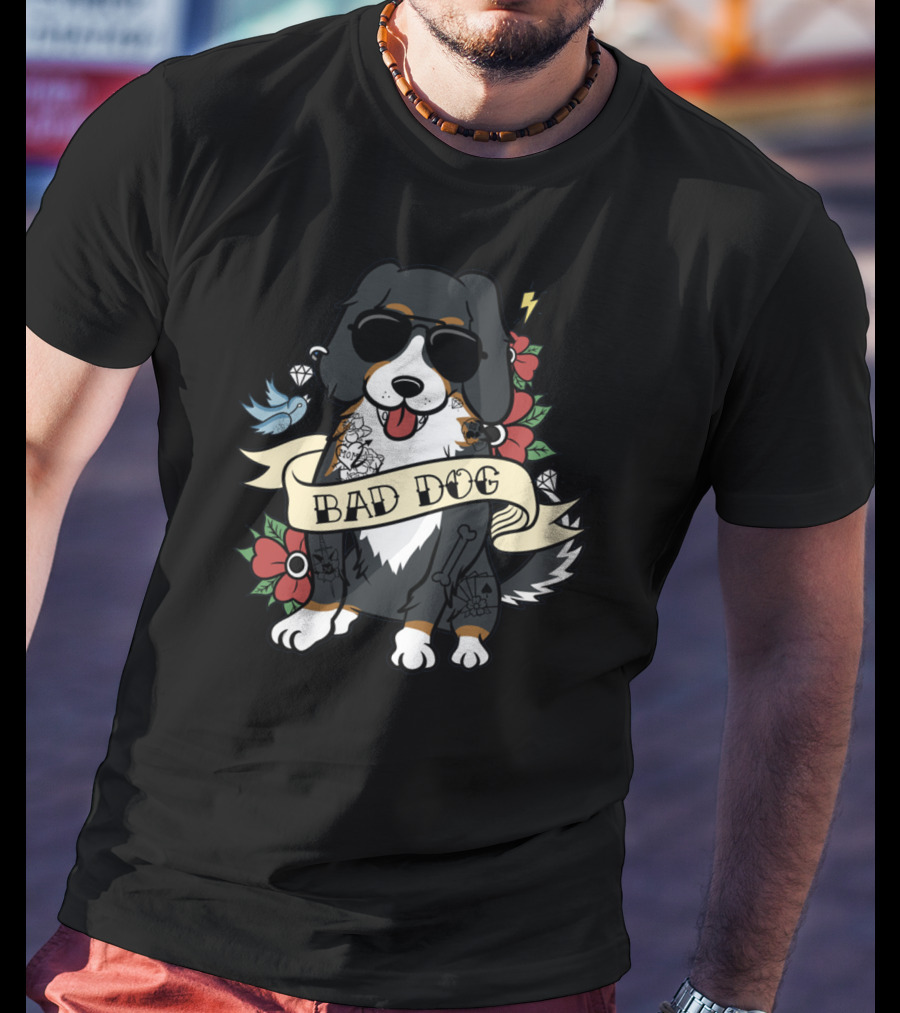 Bernese Mountain Bad Dog With Tattoos, Sunglasses, And Floral Accents T-Shirt