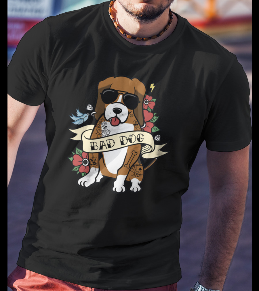 Bad Dog Basset Hound With Sunglasses And Tattoo Motifs T-Shirt