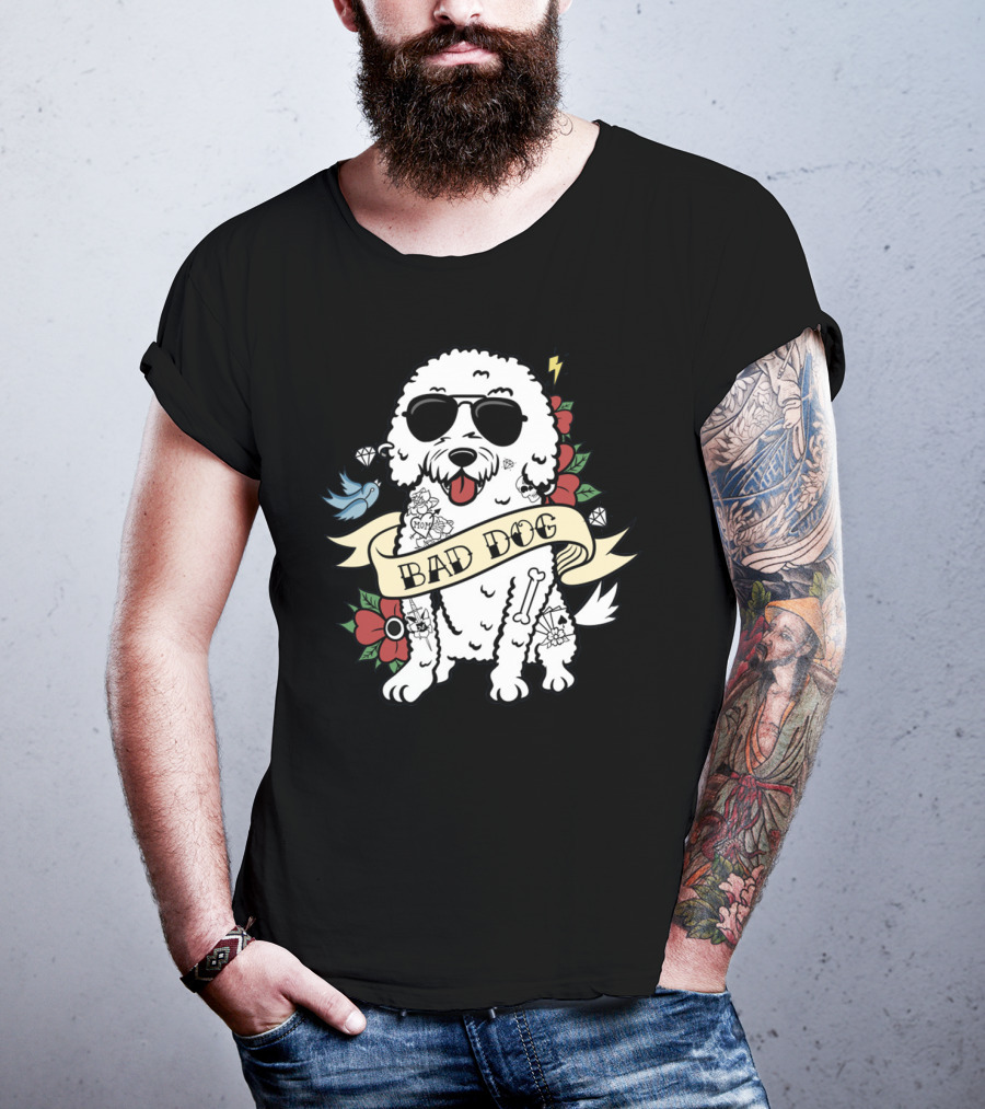Bichon Frise Bad Dog With Sunglasses Tattoo And Flowers T-Shirt