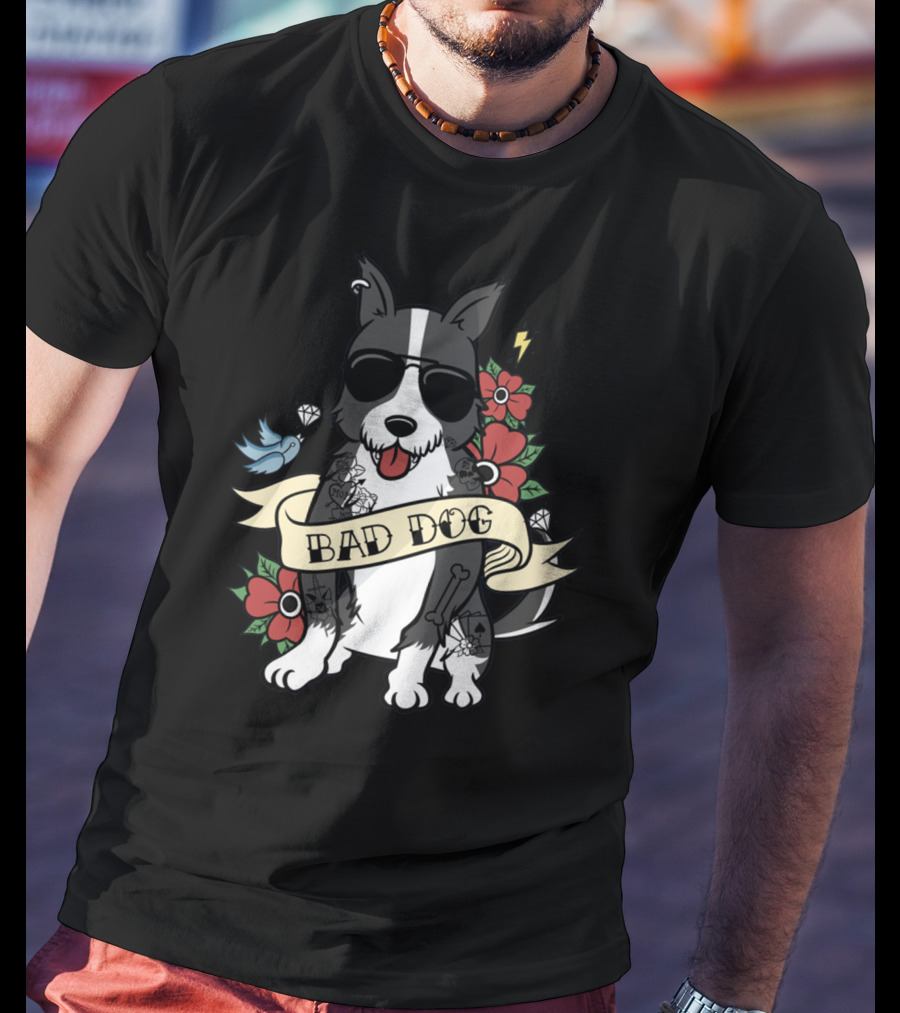 Border Collie Bad Dog Tattoo Style With Sunglasses And Flowers T-Shirt