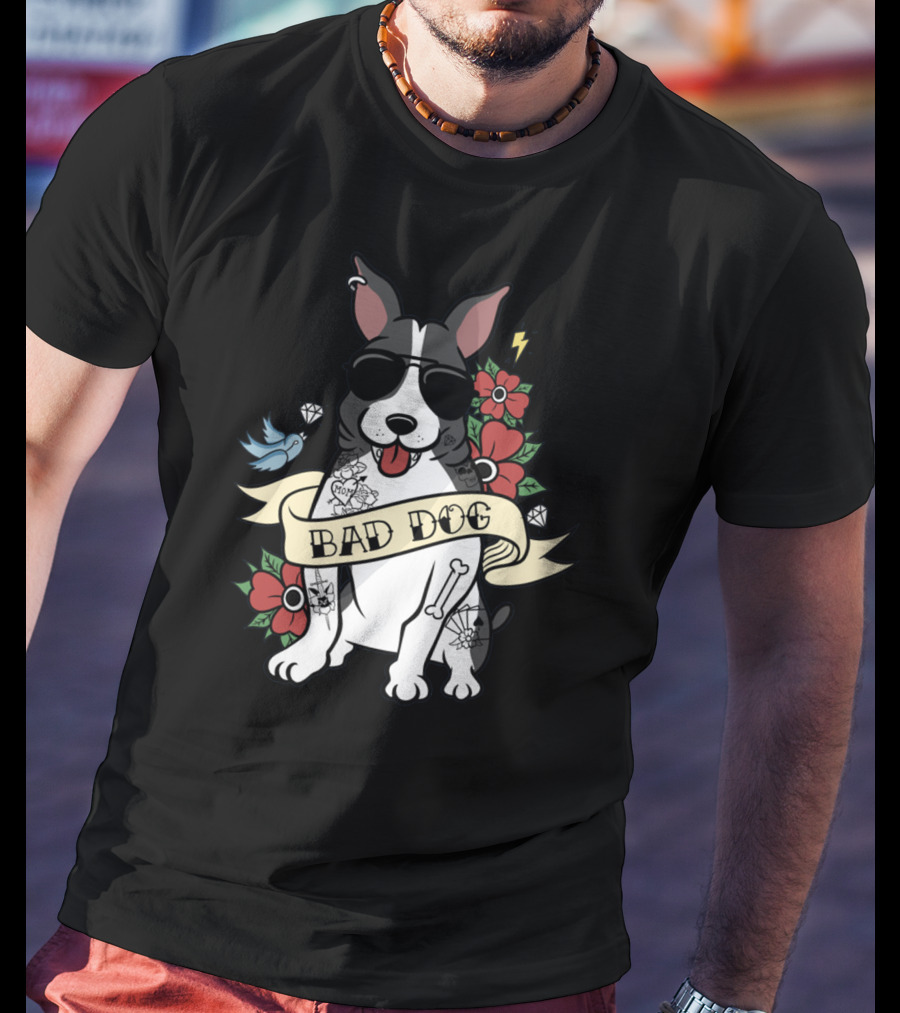 Bad Dog Boston Terrier With Tattoos And Sunglasses Floral And Lightning T-Shirt