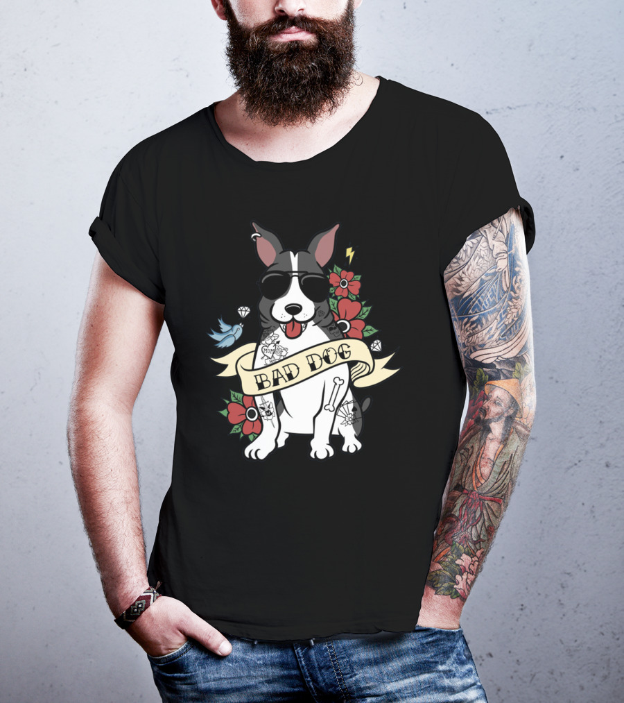 Bad Dog Boston Terrier With Tattoos And Sunglasses Floral And Lightning T-Shirt