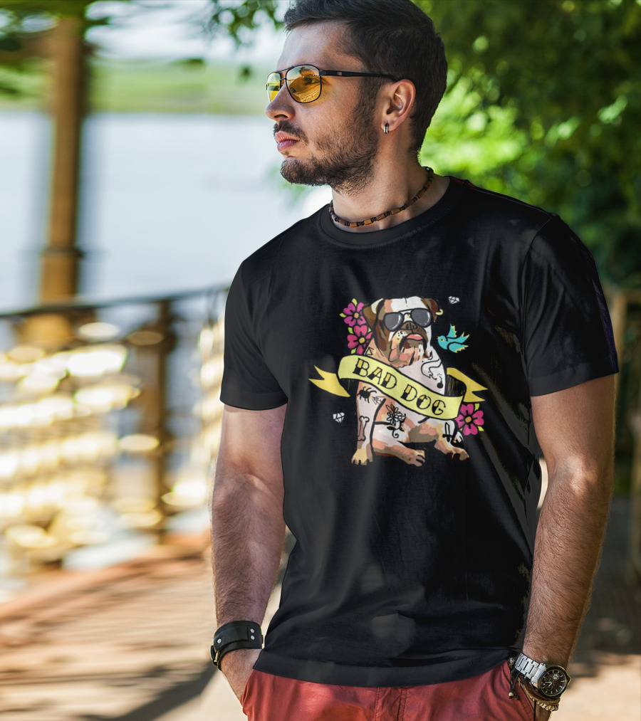 Bad Dog Bulldog With Tattoos And Sunglasses Amidst Flowers And Bluebird T-Shirt
