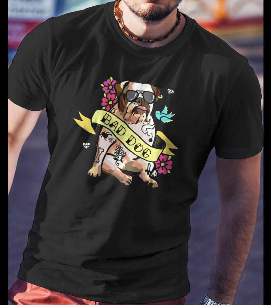 Bad Dog Bulldog With Tattoos And Sunglasses Amidst Flowers And Bluebird T-Shirt