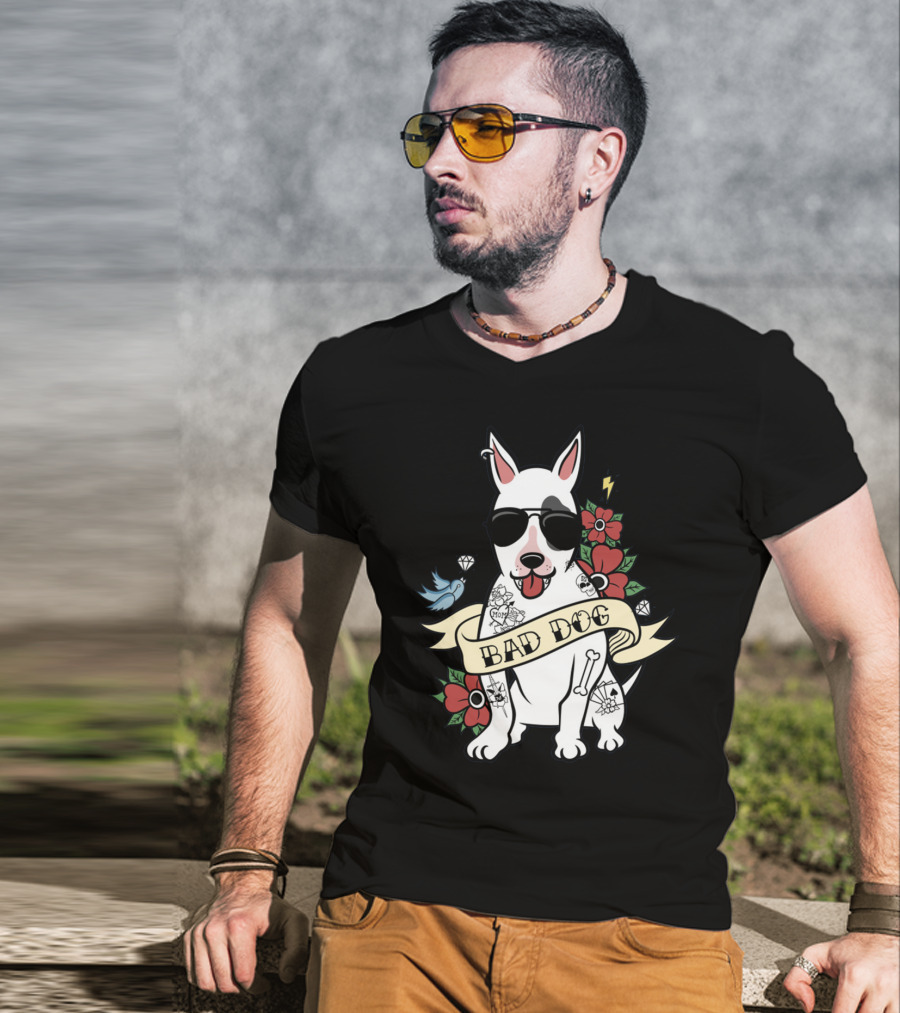 BAD DOG Tattooed Bull Terrier With Sunglasses And Flowers T-Shirt