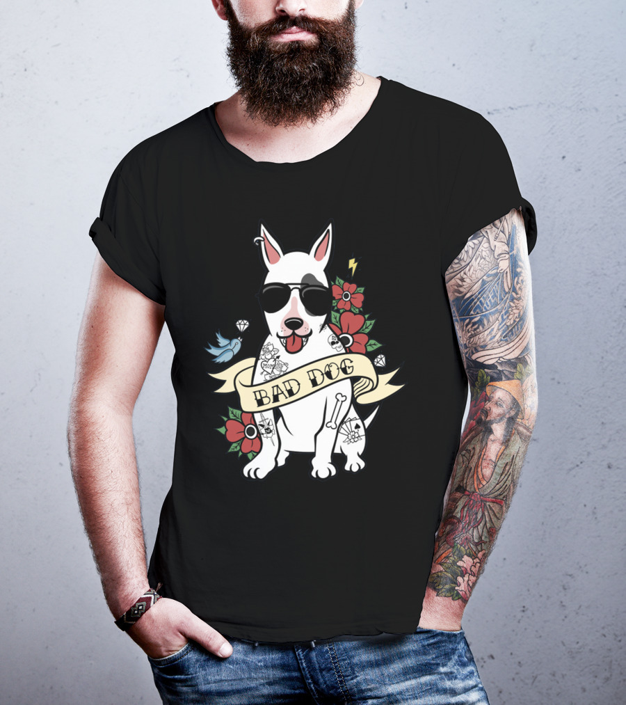 BAD DOG Tattooed Bull Terrier With Sunglasses And Flowers T-Shirt