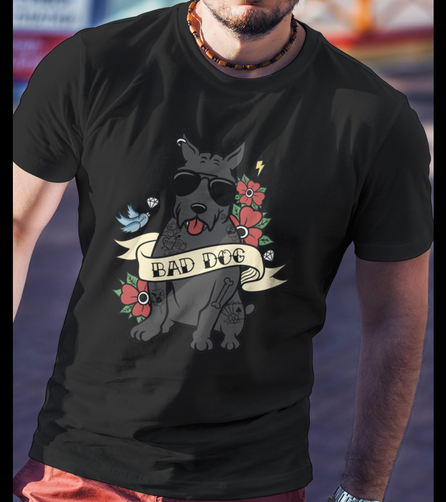 Cane Corso Bad Dog Sunglasses Tattoo Art With Flowers Lightning Bone Banner T-Shirt