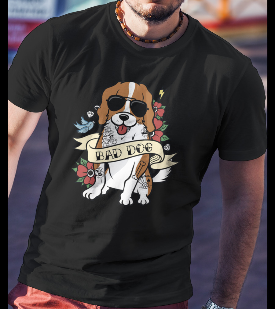 Cavalier Bad Dog With Tattoos And Sunglasses Surrounded By Flowers And Symbols T-Shirt