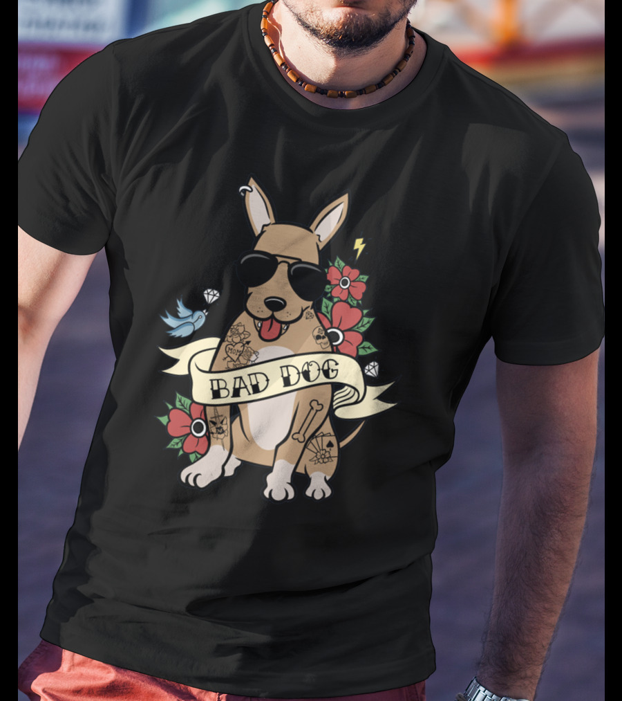 Chihuahua Bad Dog Tattoo Style With Sunglasses Flowers And Bird T-Shirt