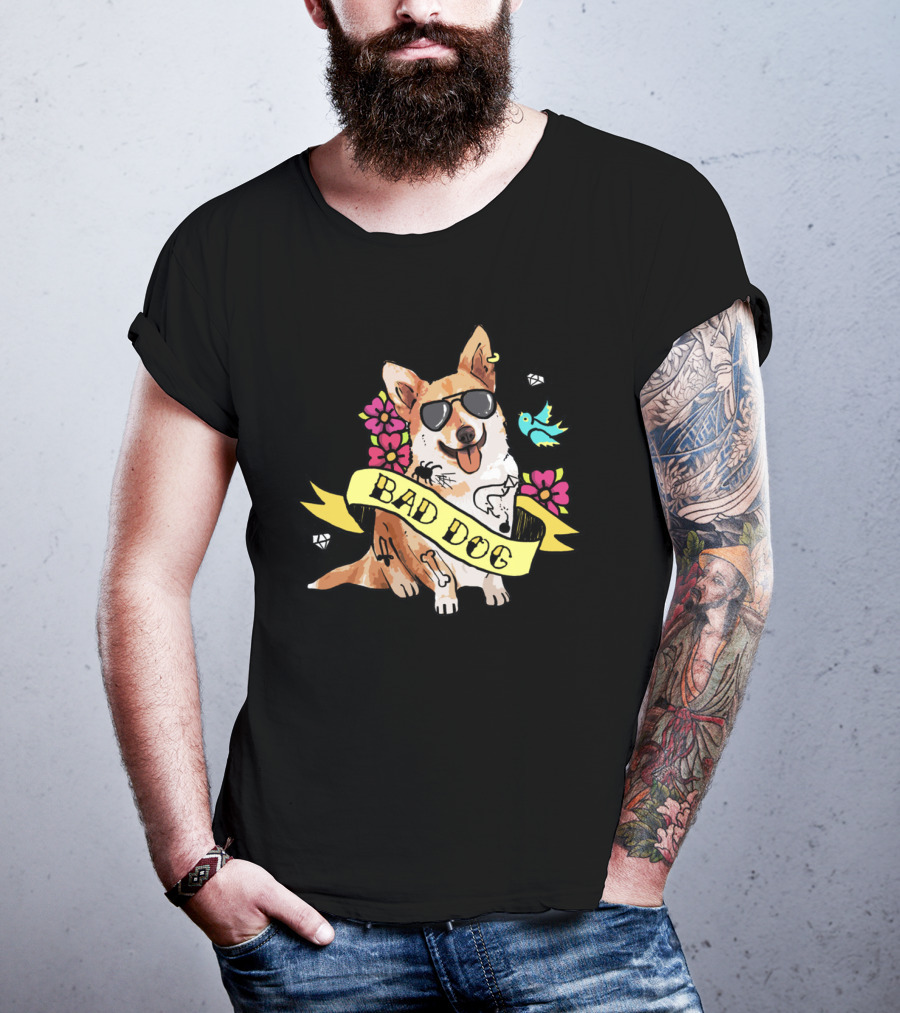 Bad Dog Corgi With Sunglasses And Flowers T-Shirt