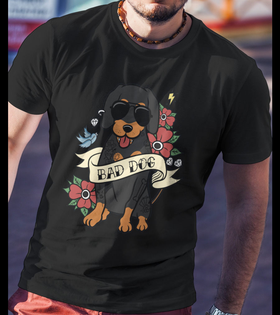 Bad Dog Cool Dachshund With Sunglasses And Tattoos Surrounded By Flowers And Lightning T-Shirt