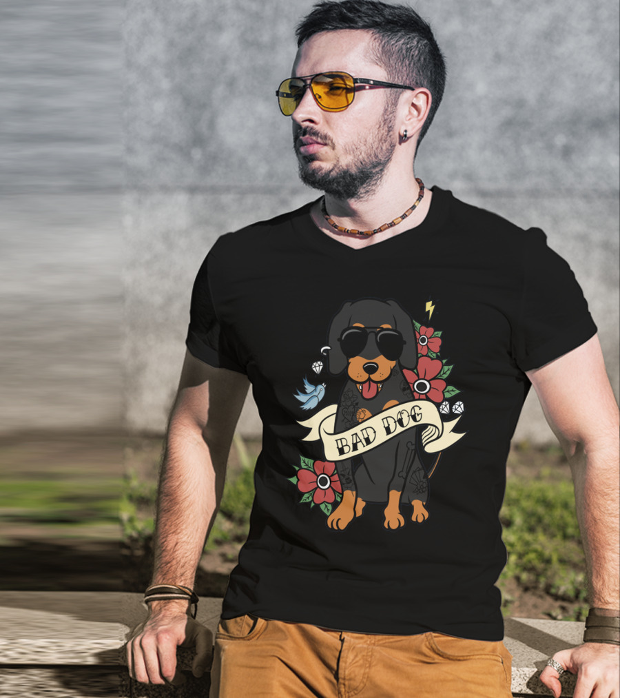 Bad Dog Cool Dachshund With Sunglasses And Tattoos Surrounded By Flowers And Lightning T-Shirt