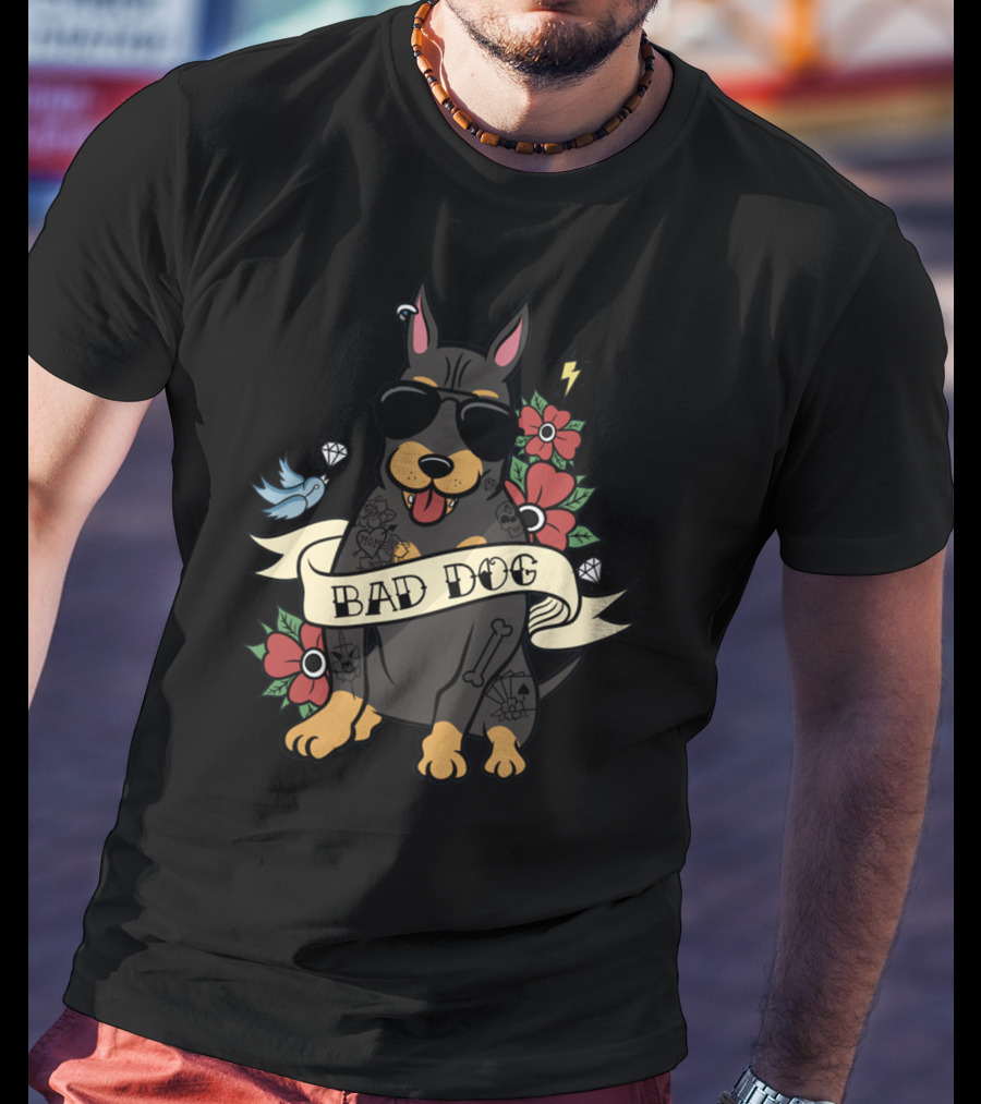 Bad Dog Doberman With Sunglasses And Tattoos Surrounded By Flowers And Bird Icons T-Shirt