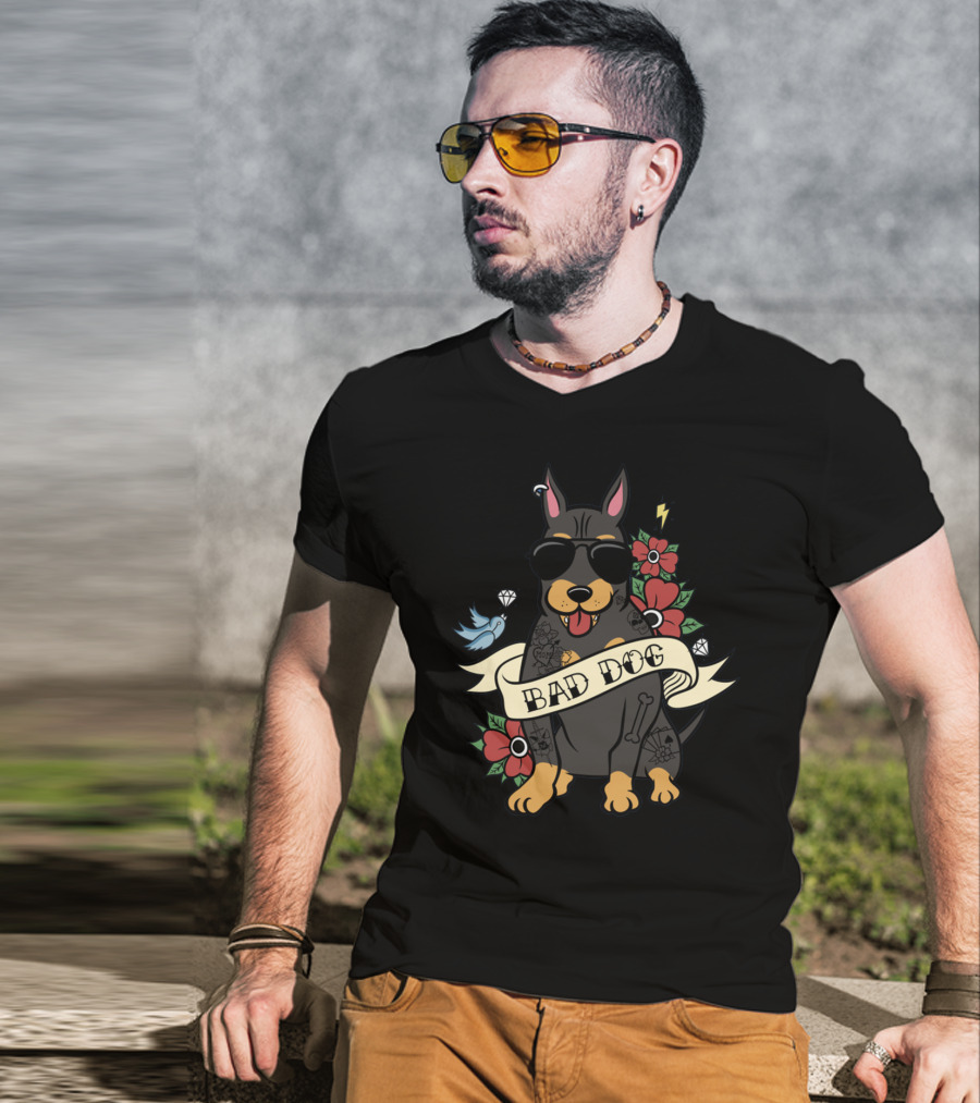 Bad Dog Doberman With Sunglasses And Tattoos Surrounded By Flowers And Bird Icons T-Shirt