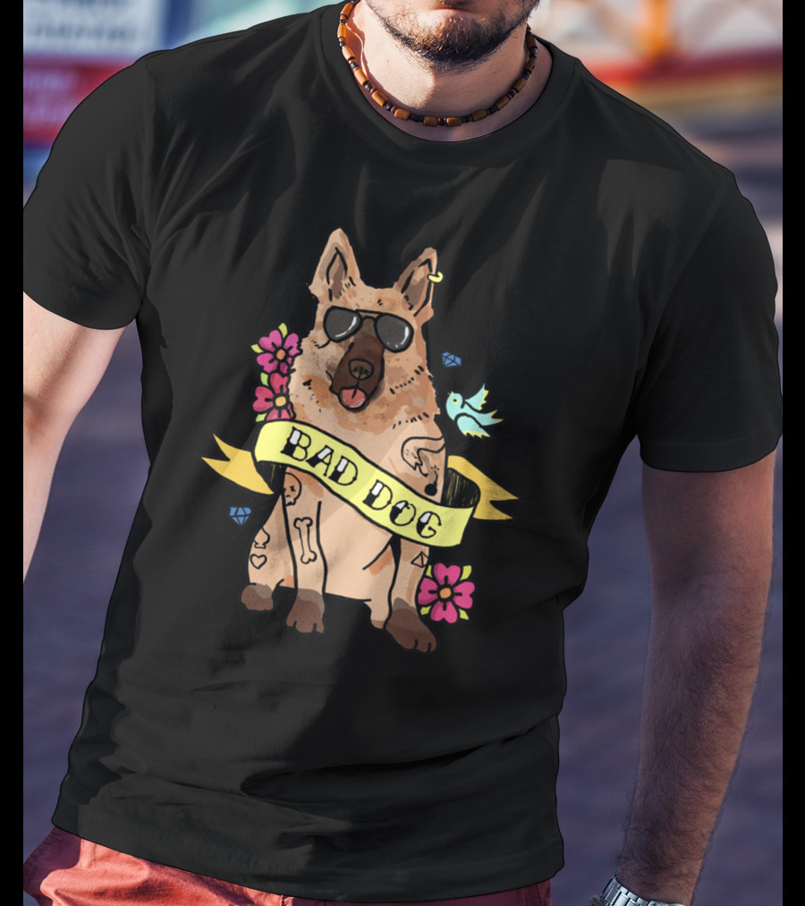German Shepherd Bad Dog Cool Sunglasses Tattoo Style Flowers And Bird Banner T-Shirt