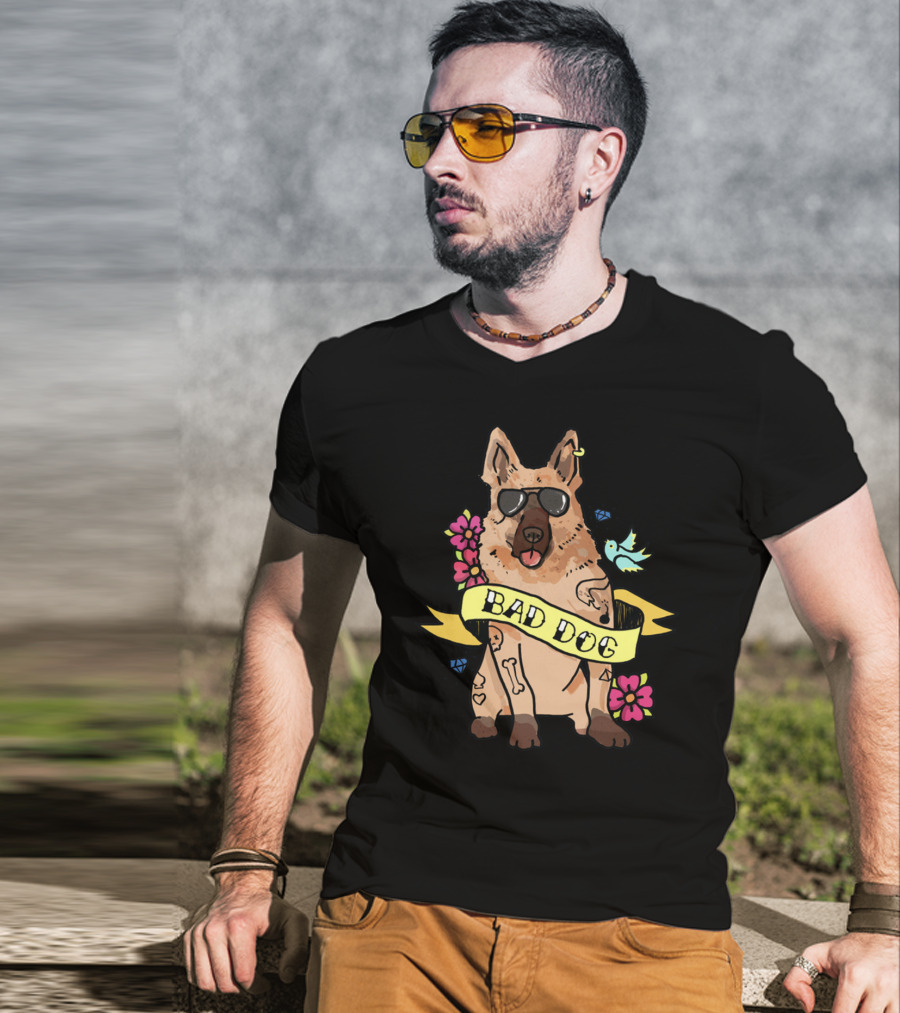 German Shepherd Bad Dog Cool Sunglasses Tattoo Style Flowers And Bird Banner T-Shirt
