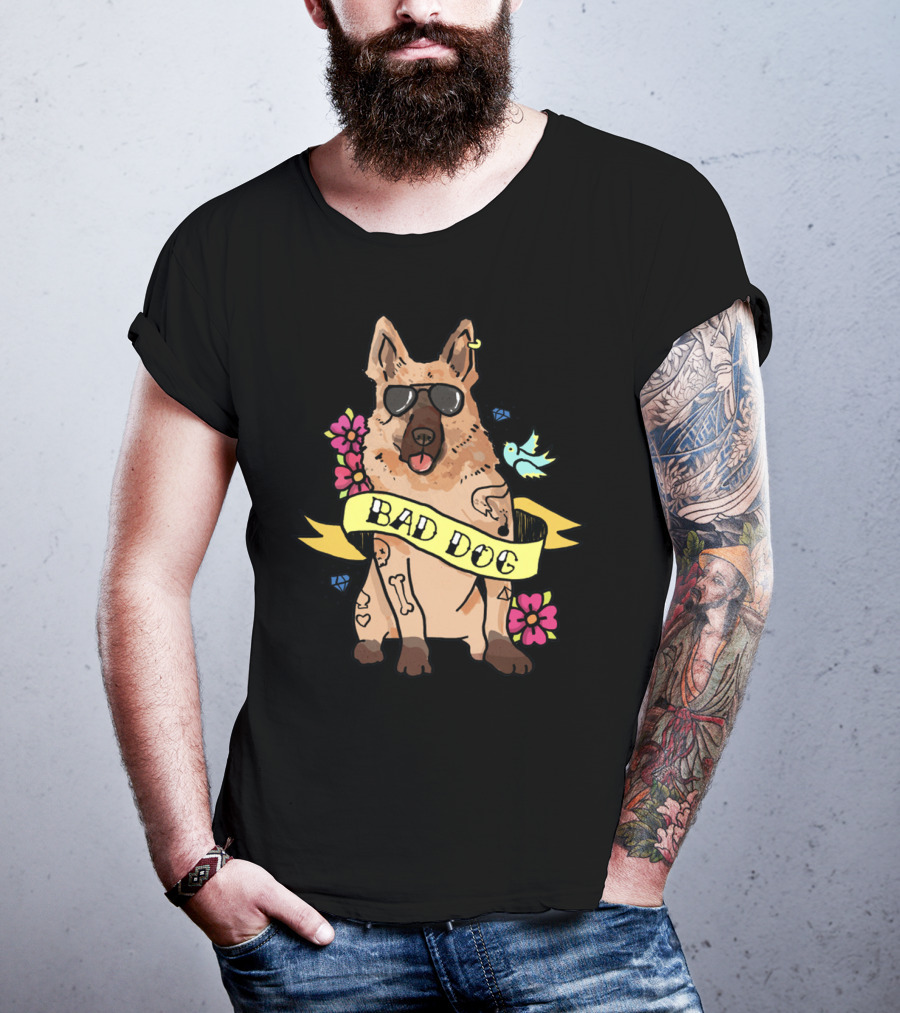 German Shepherd Bad Dog Cool Sunglasses Tattoo Style Flowers And Bird Banner T-Shirt