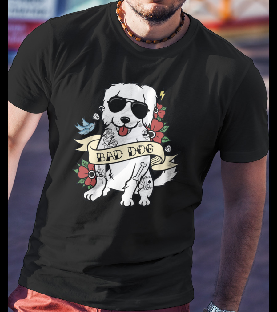 Great Pyrenees Bad Dog With Sunglasses And Tattoo Style Flowers T-Shirt