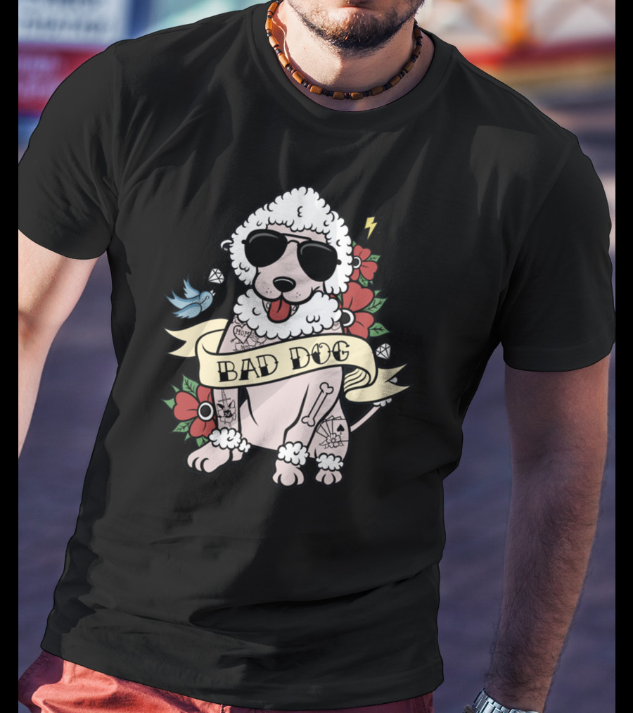 Poodle Bad Dog Wearing Sunglasses Tattoo Style With Lightning Flowers And Blue Bird T-Shirt