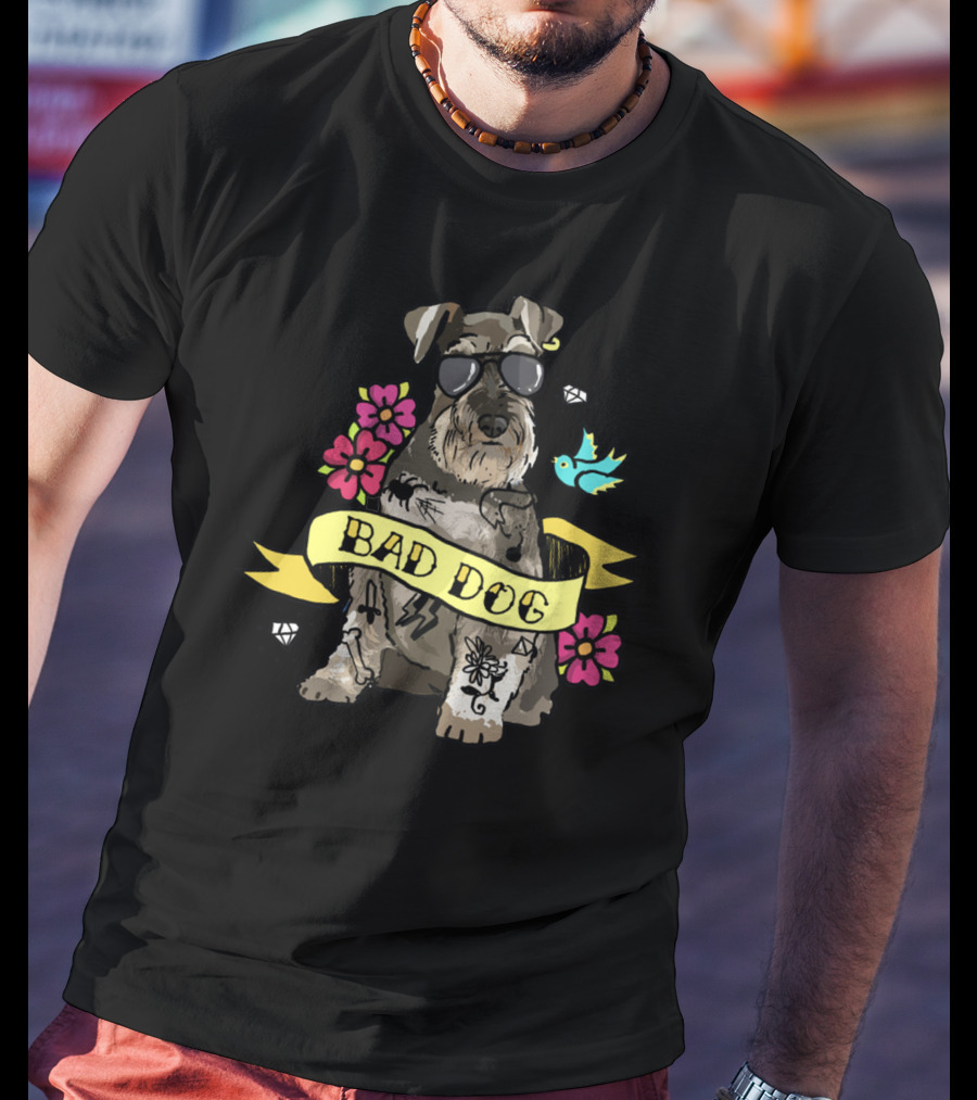 Schnauzer Bad Dog Tattoo Style With Flowers And Bird T-Shirt
