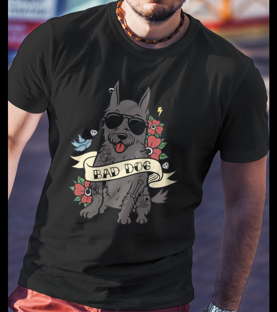 SCOTTIE BAD DOG Sunglasses Tattoo Diamond Red Flower Blue Bird Lightning T-Shirt