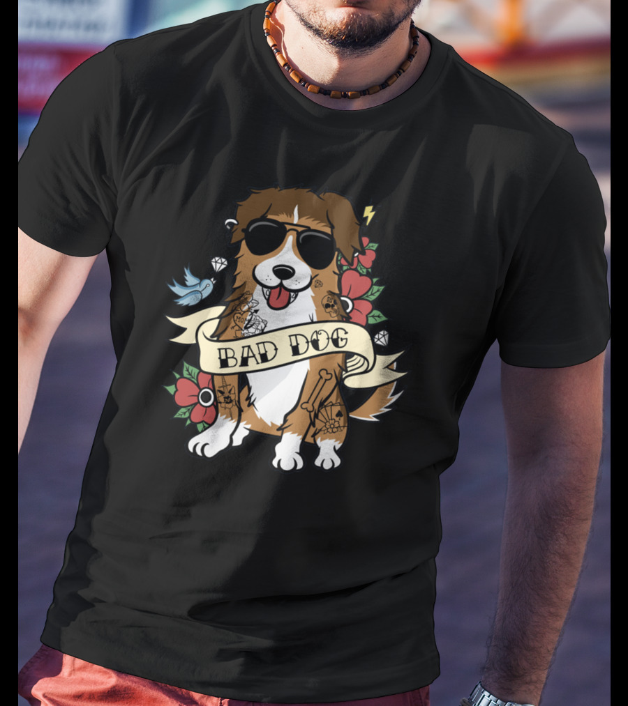 Sheltie Bad Dog Tattoo Style Sunglasses Flowers Diamonds Bone T-Shirt