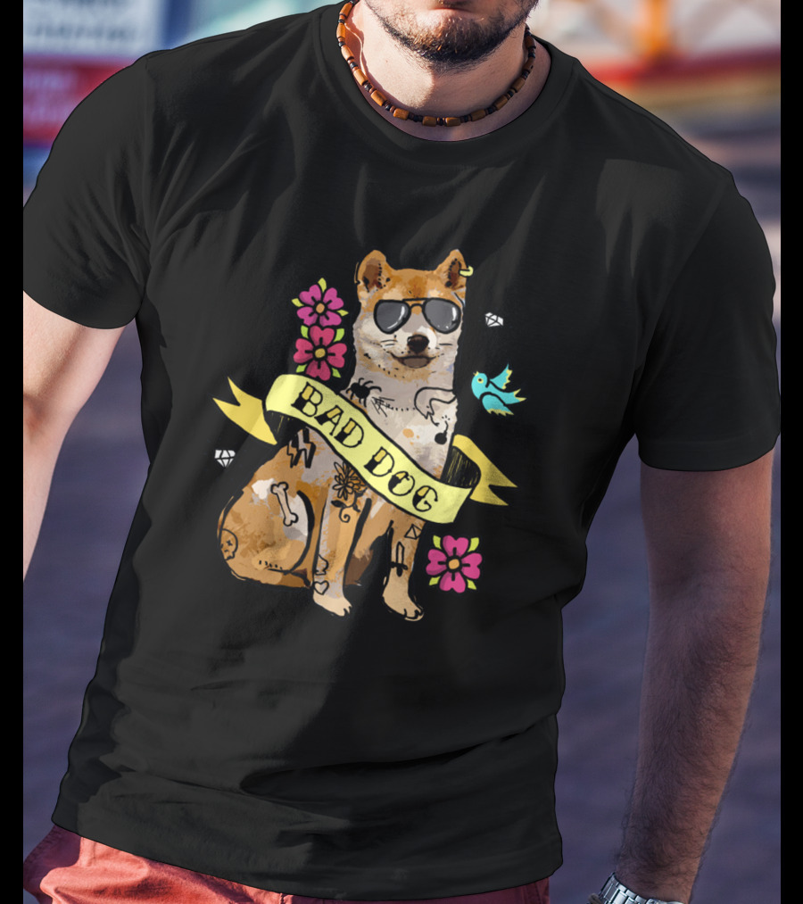 Shiba Inu Bad Dog With Sunglasses And Tattoos Ribbon Art Flowers Bird Diamond T-Shirt