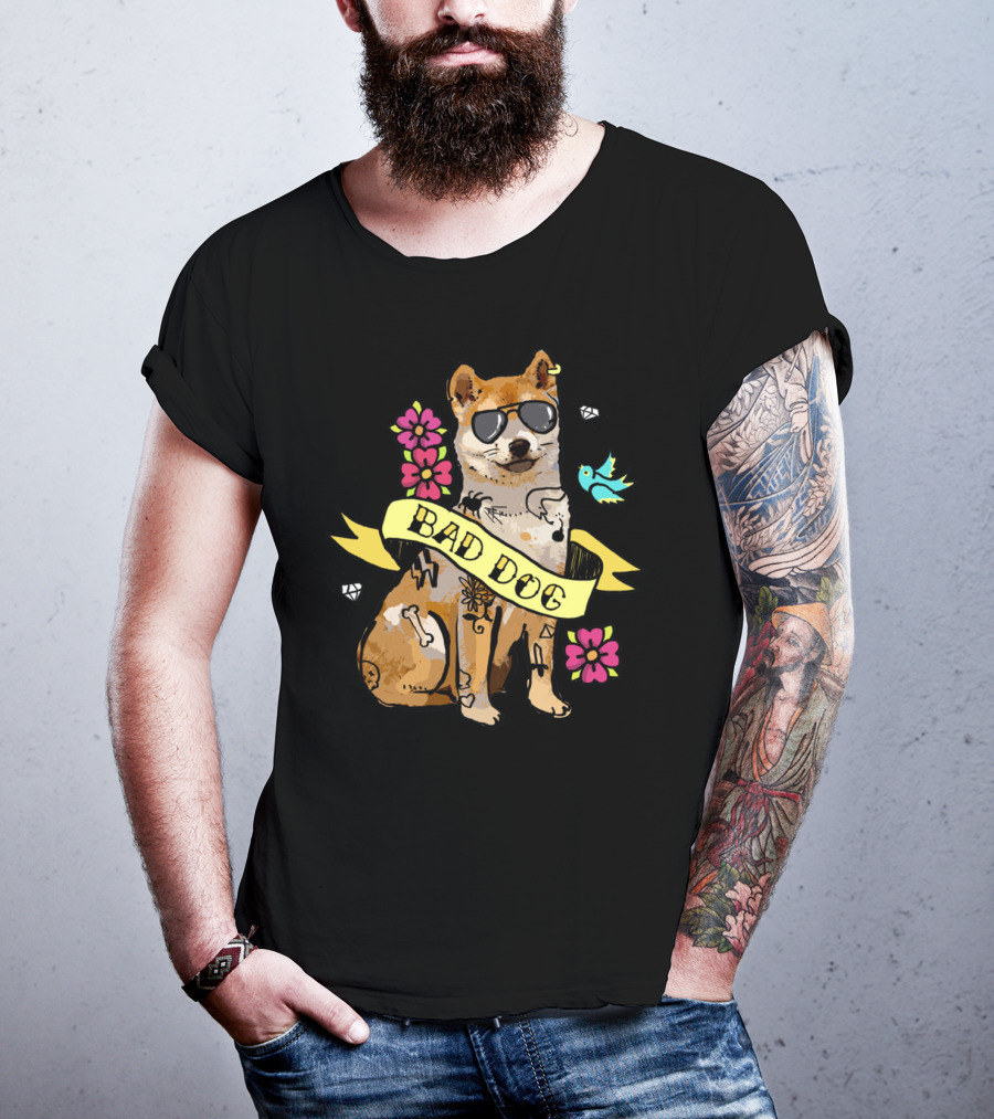 Shiba Inu Bad Dog With Sunglasses And Tattoos Ribbon Art Flowers Bird Diamond T-Shirt