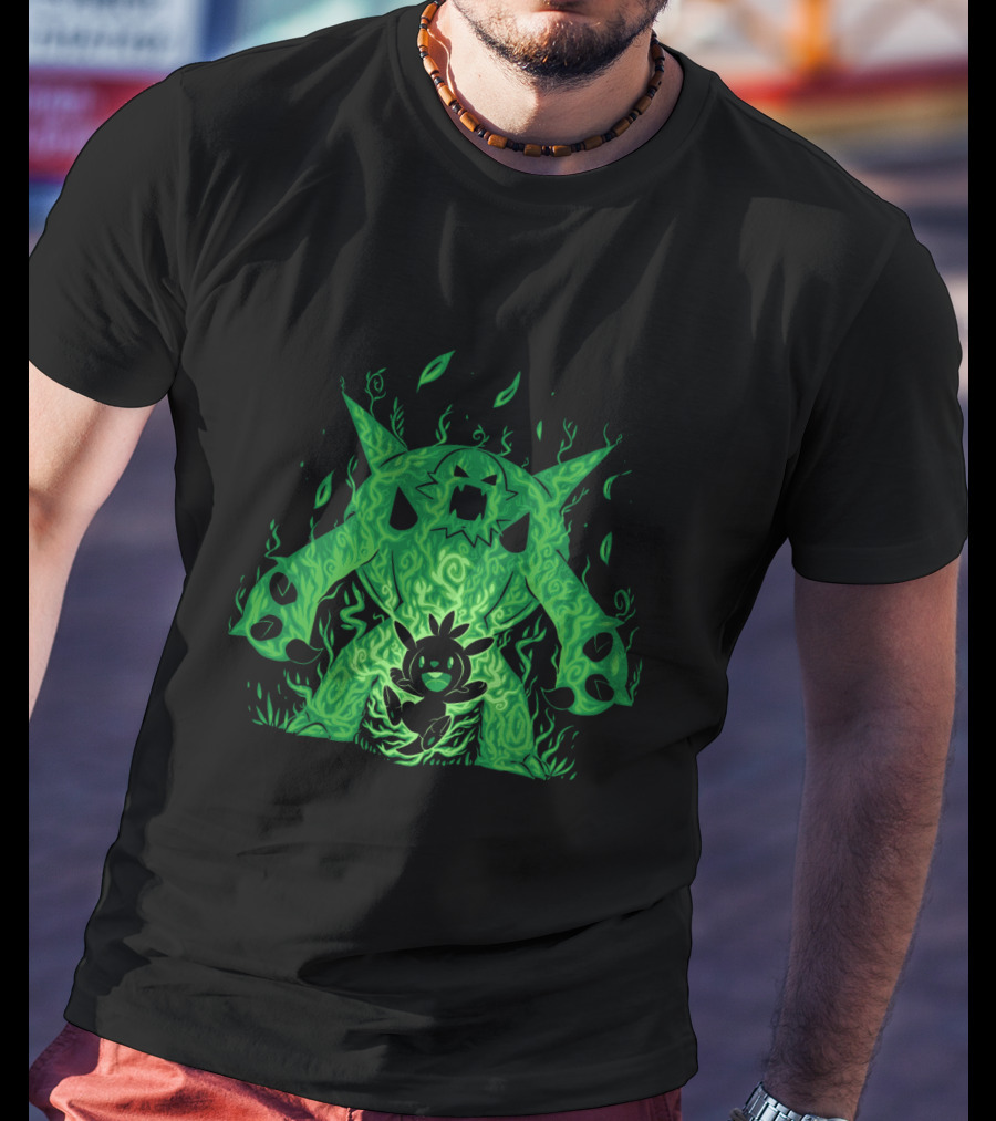 Pokemon Evolution Chesnaught Chespin Silhouette Glowing Green Flames T-Shirt