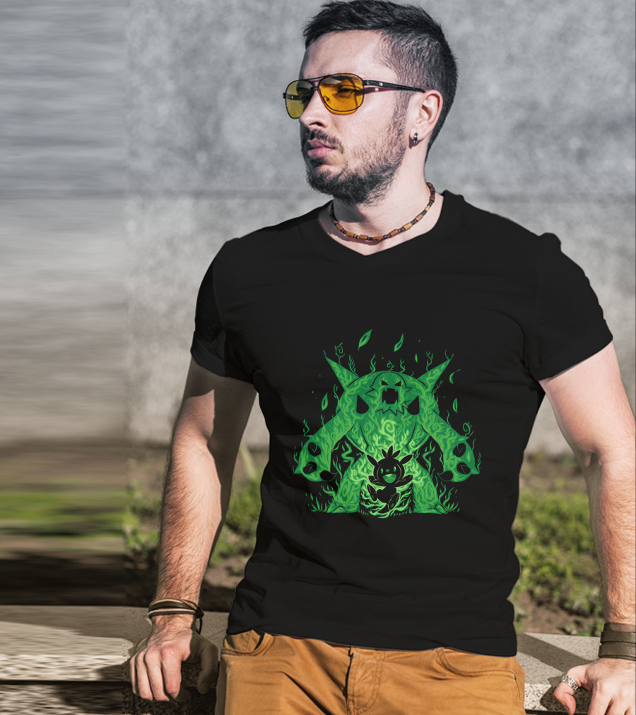 Pokemon Evolution Chesnaught Chespin Silhouette Glowing Green Flames T-Shirt