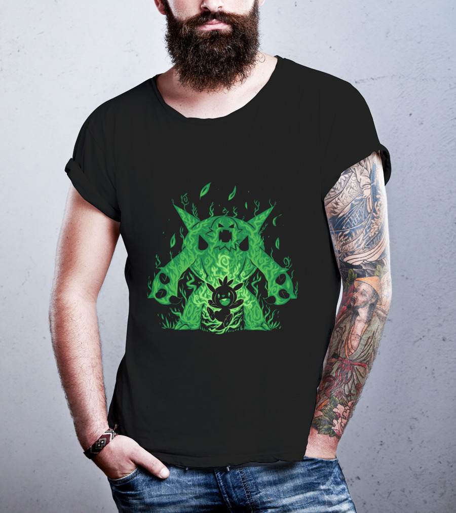 Pokemon Evolution Chesnaught Chespin Silhouette Glowing Green Flames T-Shirt