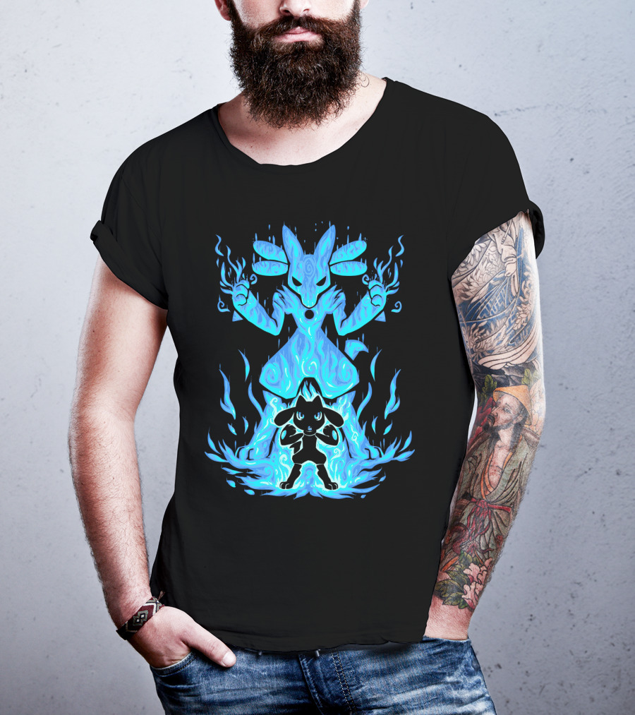 Evolution Pokemon Lucario Riolu Aura Flames T-Shirt