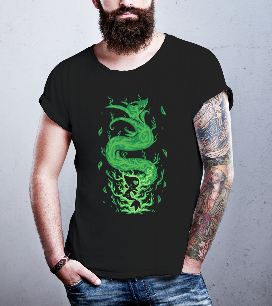 Evolution Pokemon Serperior Coiled Green Flames With Leaves T-Shirt