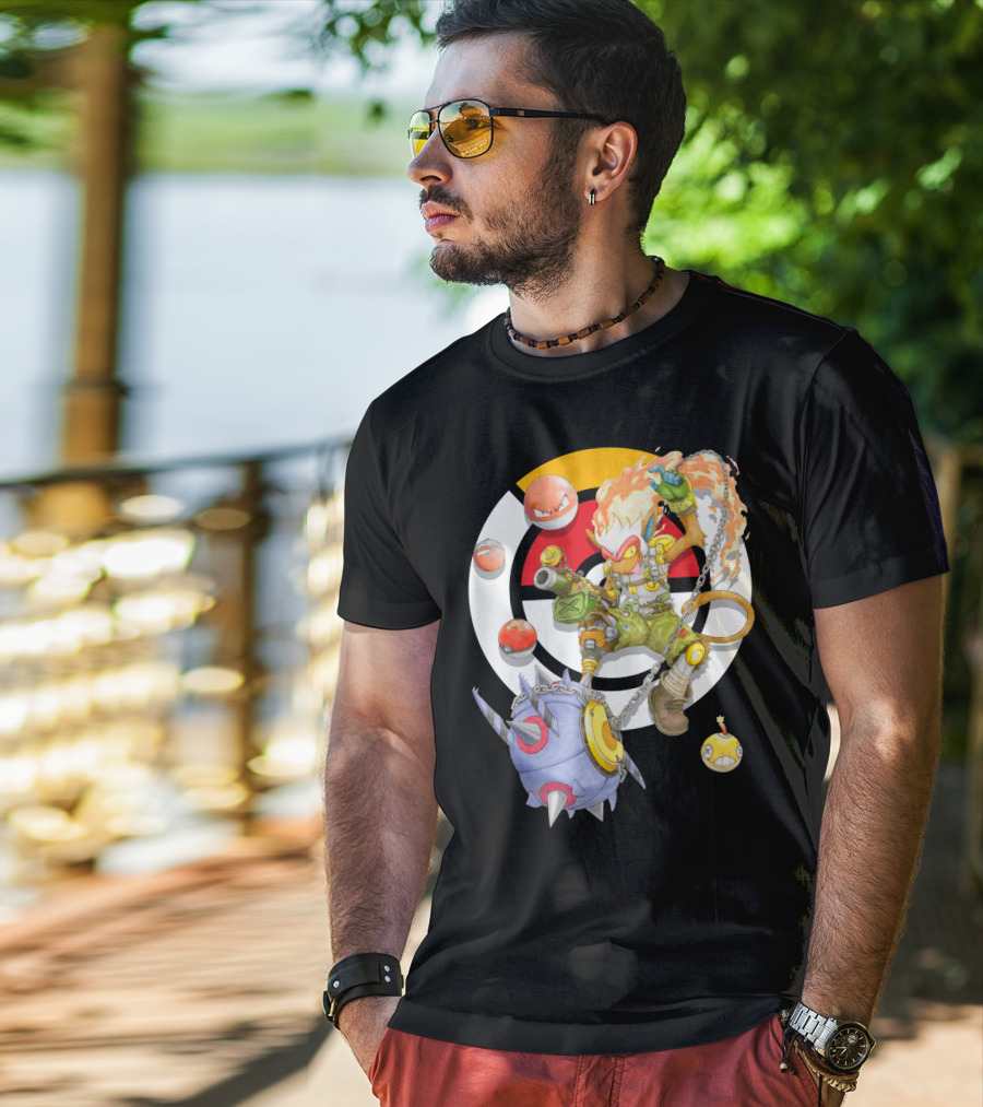 Pokemon X Overwatch Infernape And Junkrat Mashup With Pokeballs And Team Emblem T-Shirt