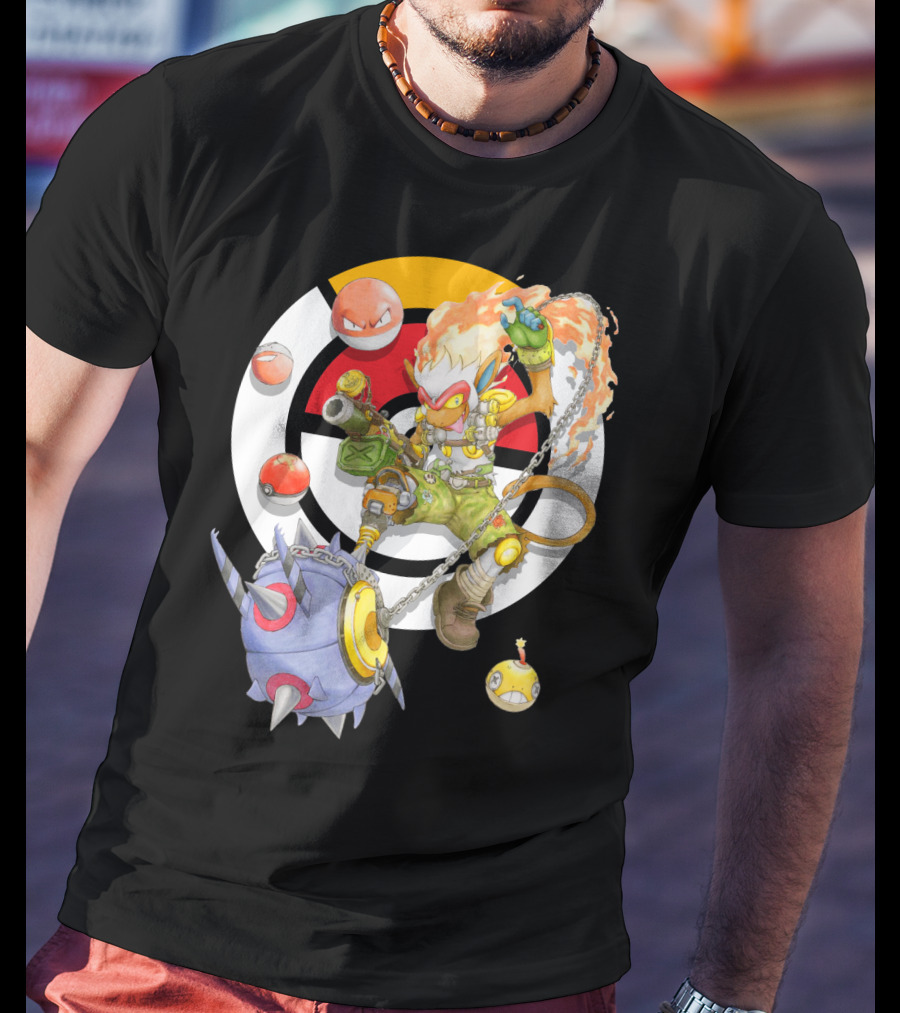 Pokemon X Overwatch Infernape And Junkrat Mashup With Pokeballs And Team Emblem T-Shirt