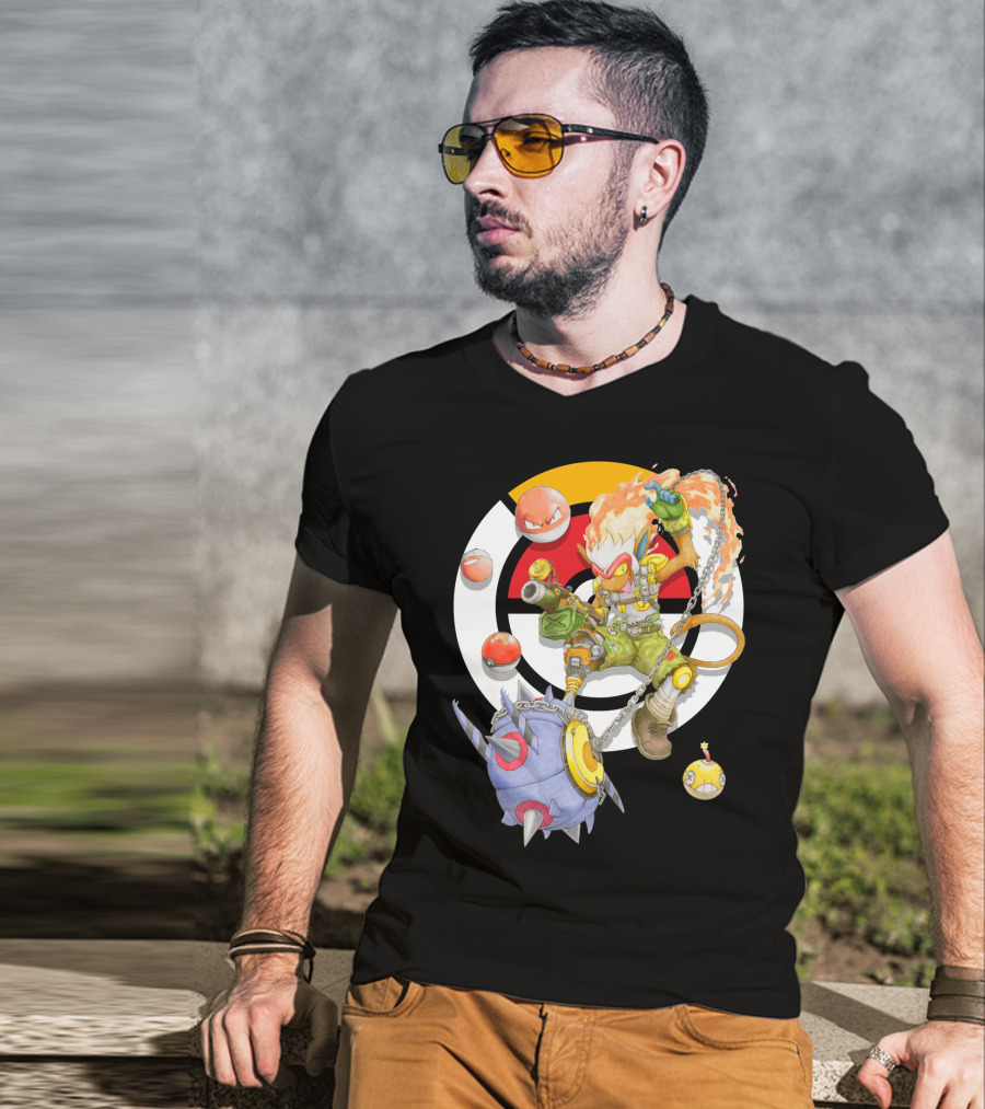 Pokemon X Overwatch Infernape And Junkrat Mashup With Pokeballs And Team Emblem T-Shirt
