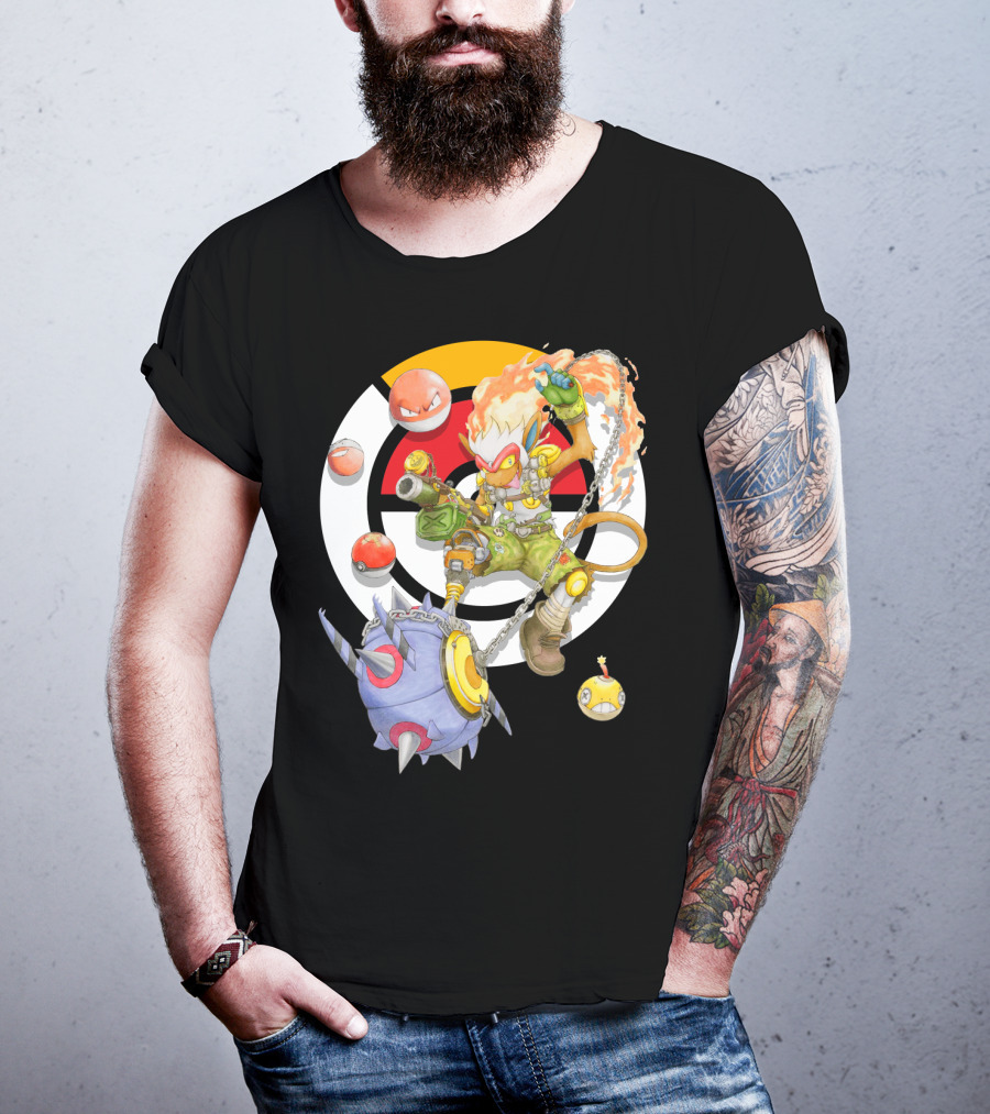 Pokemon X Overwatch Infernape And Junkrat Mashup With Pokeballs And Team Emblem T-Shirt