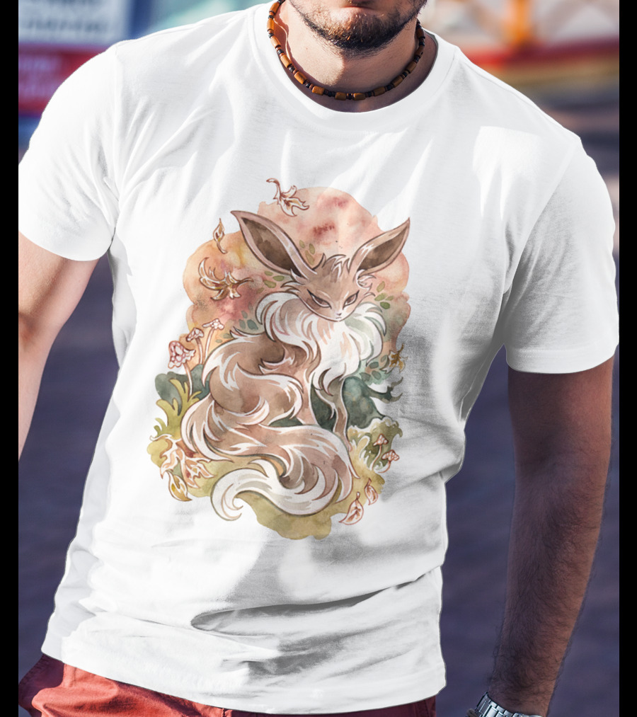 Watercolor Pokemon Eevee With Autumn Leaves And Flowers T-Shirt