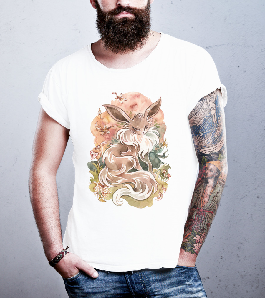 Watercolor Pokemon Eevee With Autumn Leaves And Flowers T-Shirt
