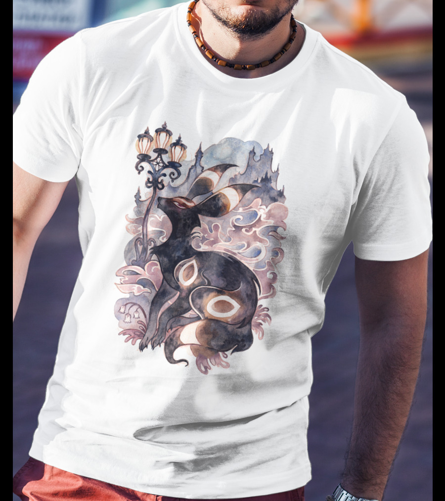 Watercolor Pokemon Umbreon Lamppost Castle Sky Background T-Shirt