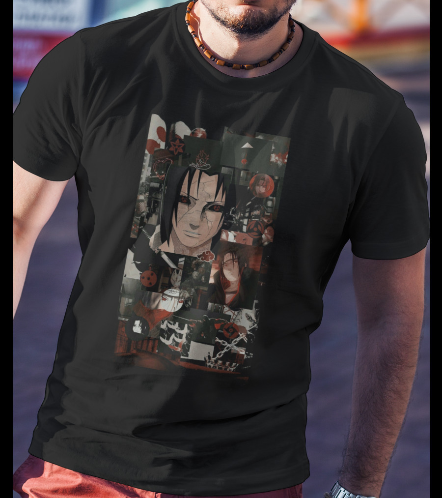 Uchiha Itachi Anime Character Collage With Sharingan And Akatsuki Symbols T-Shirt