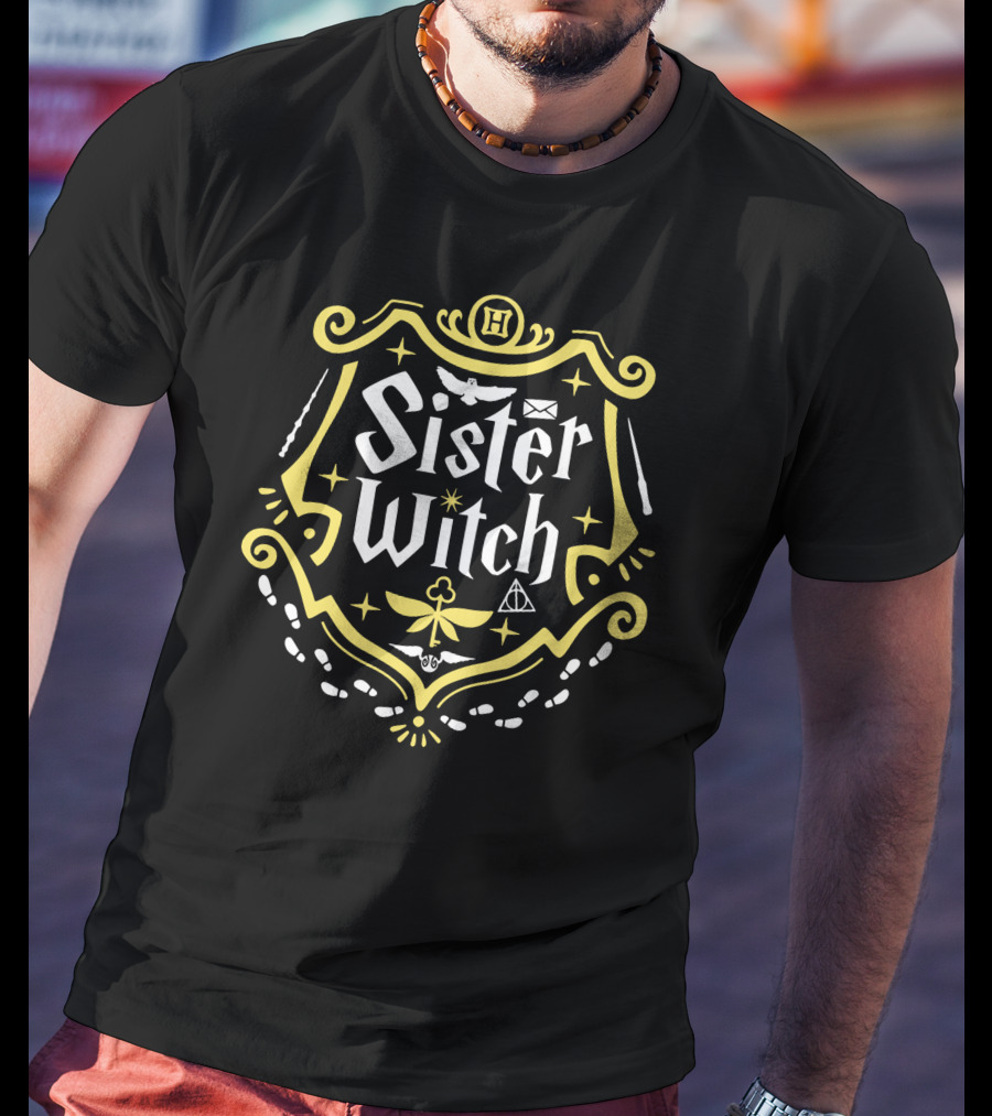 Sister Witch Hogwarts Inspired Crest With Owl Letter Magic Wands And Deathly Hallows T-Shirt