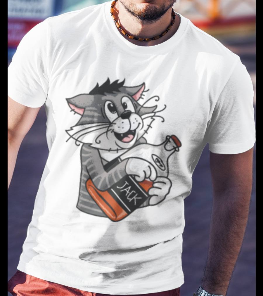Jack Whiskey Cat Hugging Bottle Playful Striped Kitty Character T-Shirt