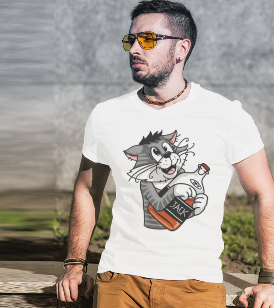 Jack Whiskey Cat Hugging Bottle Playful Striped Kitty Character T-Shirt