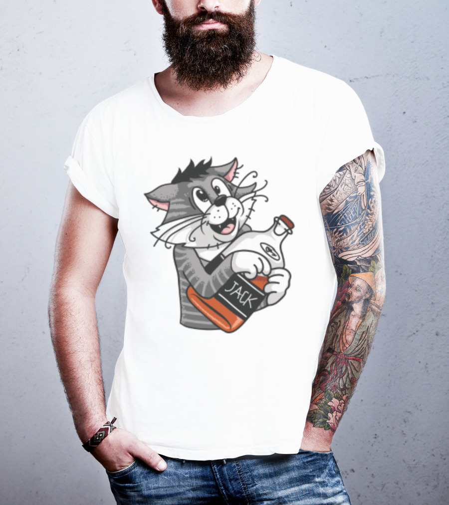 Jack Whiskey Cat Hugging Bottle Playful Striped Kitty Character T-Shirt