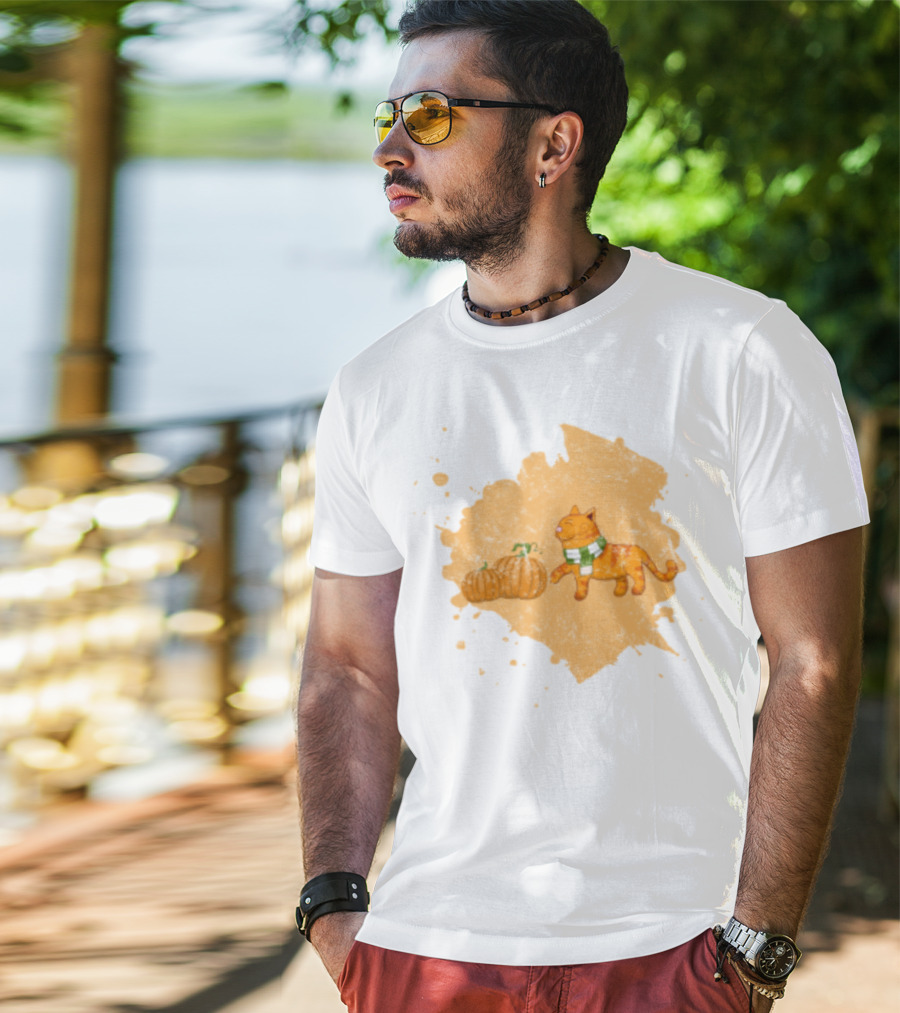 Kitty With Scarf And Pumpkins On Splash Background T-Shirt