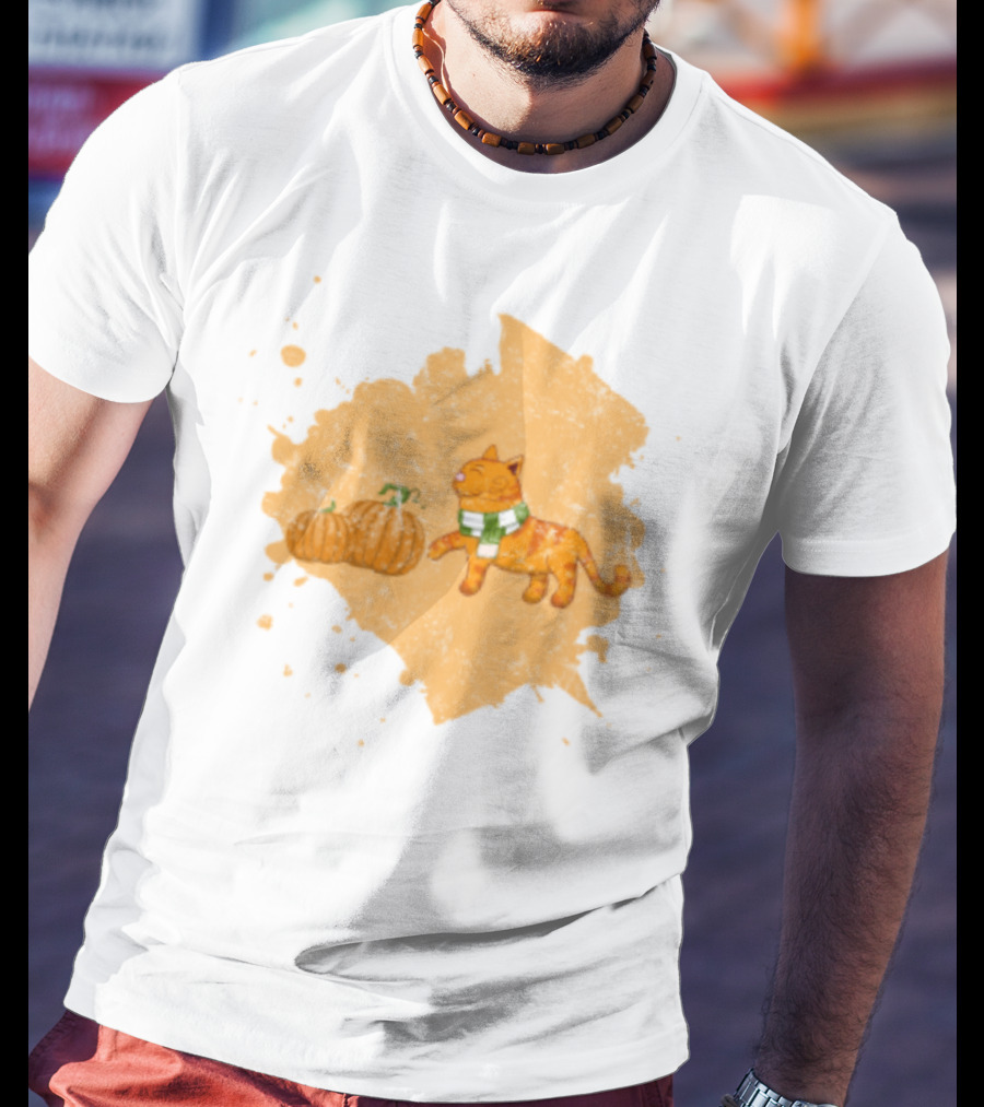 Kitty With Scarf And Pumpkins On Splash Background T-Shirt