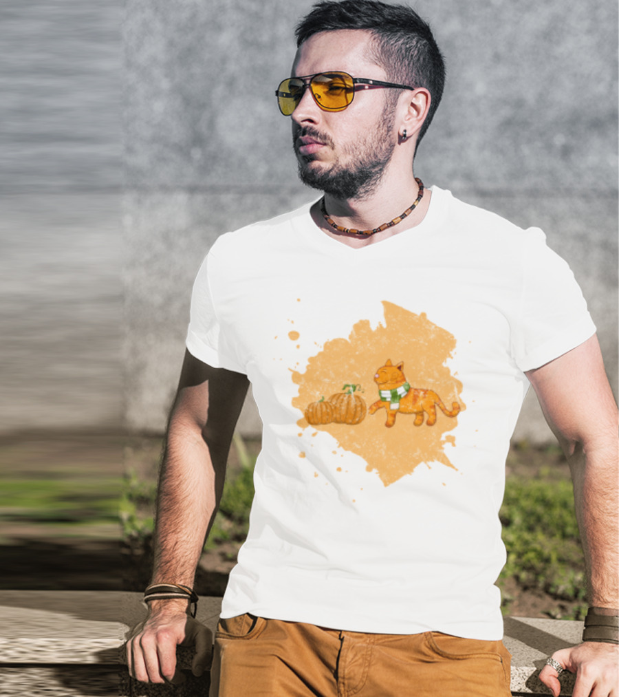 Kitty With Scarf And Pumpkins On Splash Background T-Shirt